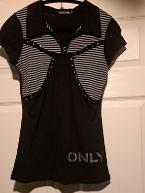 ONLY Black and White Striped Studded Polo Top